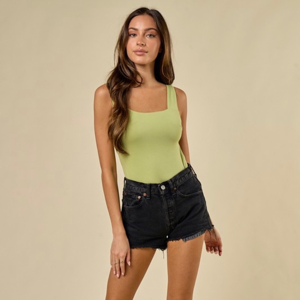 BRIGHTEN YOUR DAY BRIGHT GREEN OPEN BACK SQUARE NECK BODYSUIT